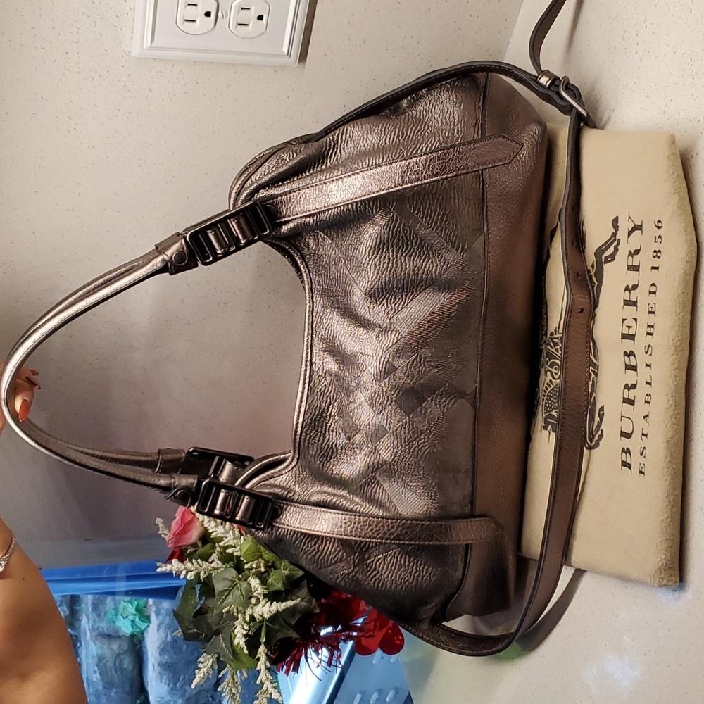 BURBERRY gun metal leather shoulder bag